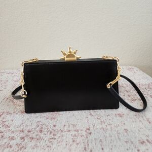 Tory Burch Black Leather Frame Mini Crossbody – Gold Sun Clasp Kisslock Bag